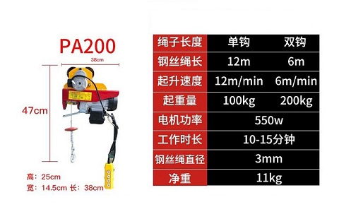 pa200微型电动葫芦技术参数