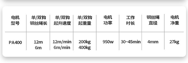 PA400微型电动葫芦技术参数